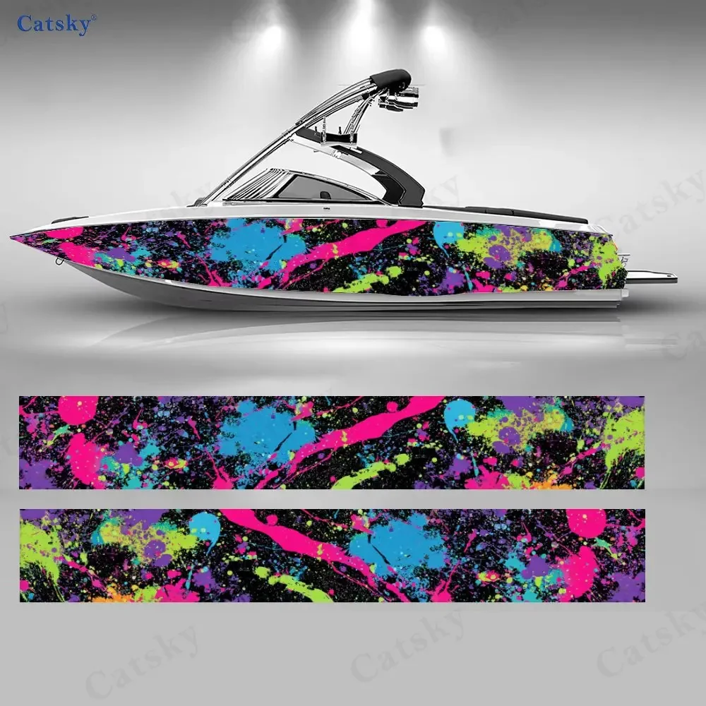 2Pcs Neon Color Splash Boat Stickers, PVC Waterproof Durable Vinyl Wrap Decals for Fishing Boats, Durable and Stylish Design