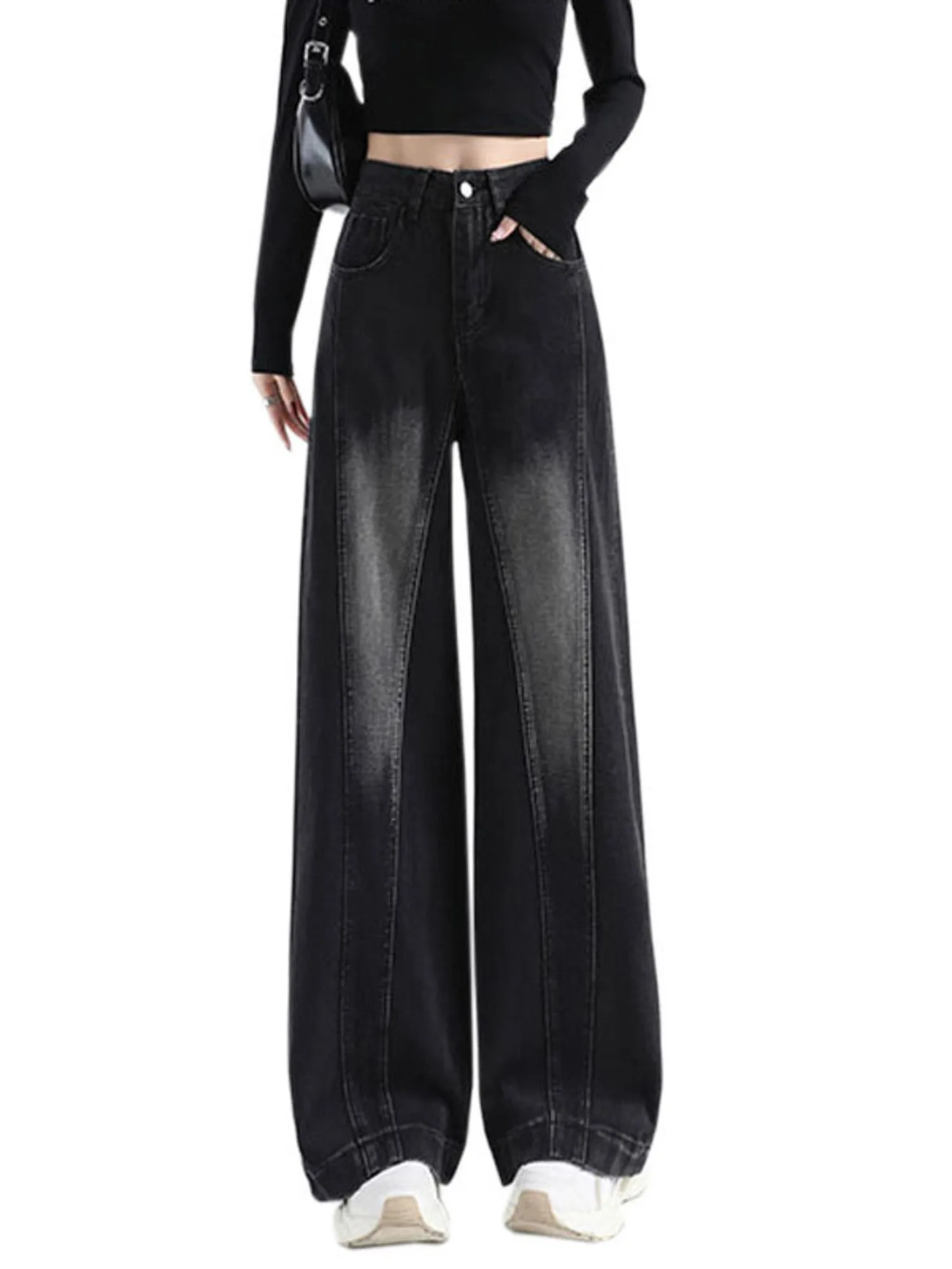 Women High Waist Wide Leg Jeans Black Grey Gradient Wash Denim Pants Vintage Distressed Loose Casual Trousers Shield Pocket