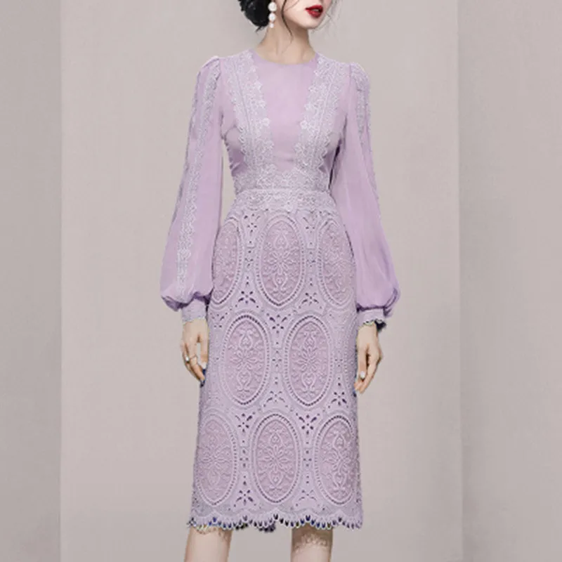 

2024 Autumn New O-Neck Puff Sleeve Lace Dresses Women Fashion Vintage Hollow Out Luxury Elegant Evening Party Dresses