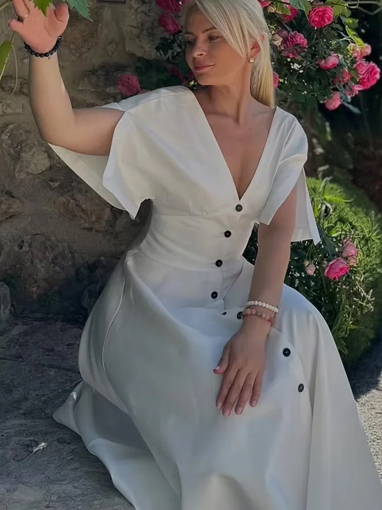 

HH женское летнее новое свободное платье миди с v-образным вырезом и пуговицами, женское элегантное сексуальное длинное платье с открытой спиной