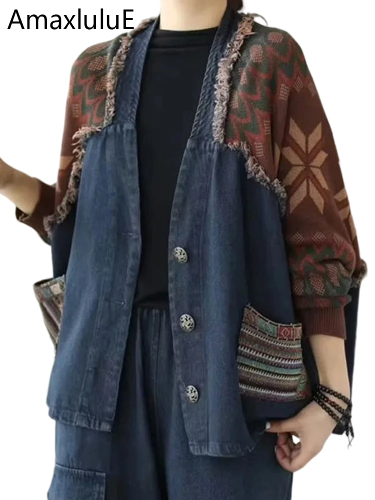Amax LuluE 2025 Autumn Womens Fashion Loose Knitted Patchwork Denim Jackets Ladies Printed Vintage Leisure Coats Punk Streetwear