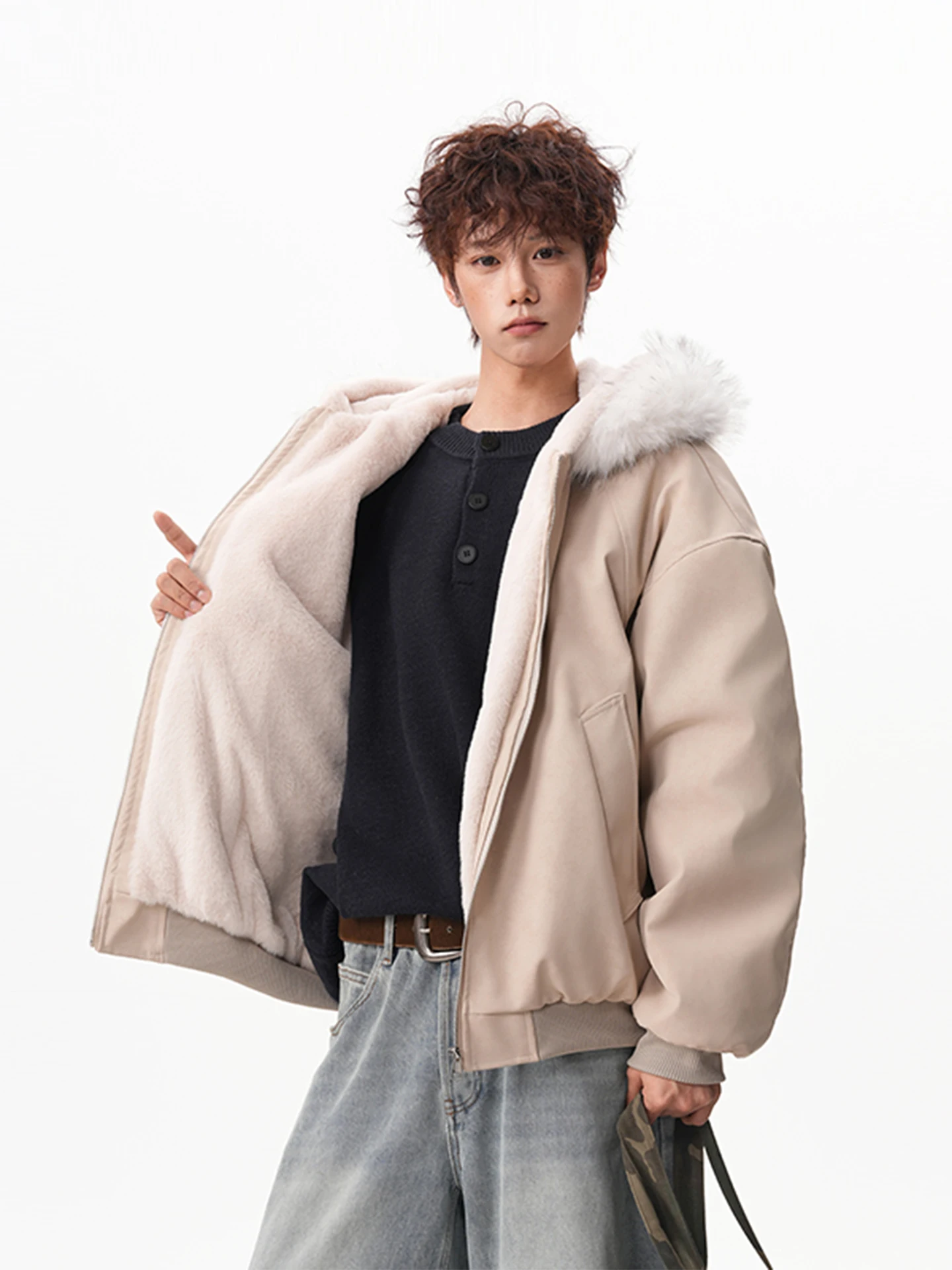 Jaket Kulit PU Pria Model Hoodie Berlapis Bulu, Gaya Kasual Trendy, Hangat untuk Musim Dingin, Model Longgar Amerika