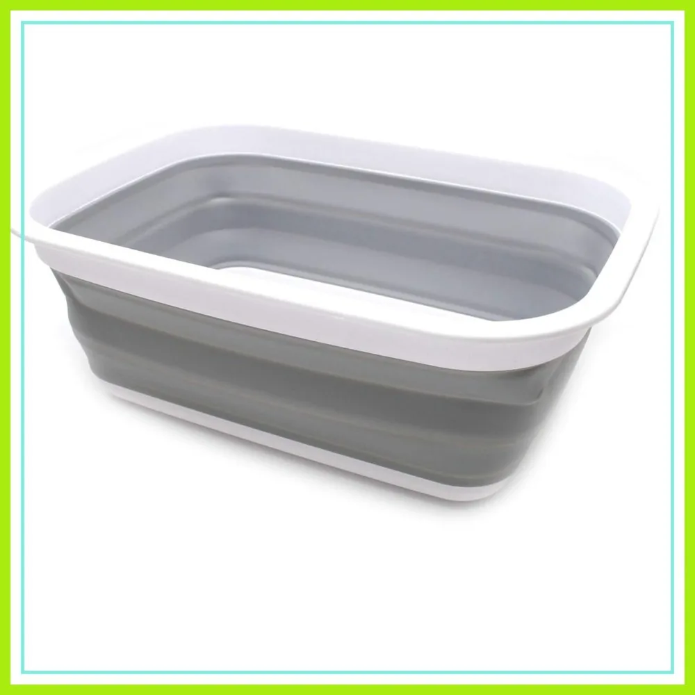 

9.2L Collapsible Wash Basin Foldable Outdoor Picnic Basket Portable Plastic Tub Space Saving Storage Container 15.3x11.2x5.5/1.5" (M, Gray)