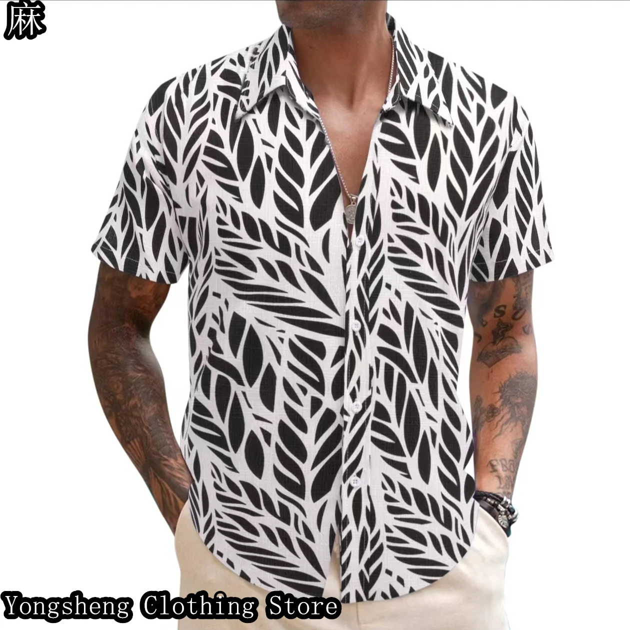 Men's Clothing Summer Short Sleeve Linen Shirts Slub Linen Retro Exquisite Printed Casual Breathable Clothing