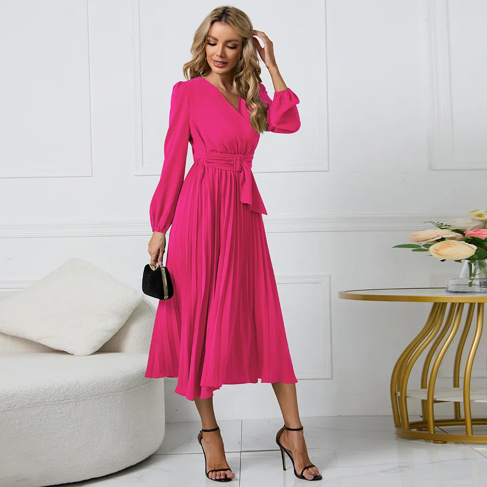 2024 Women's Long Dress New Solid Color Long Sleeved Slim Fit Pleated Belt V-neck Dress Cross-border Amazon A-line Skirt