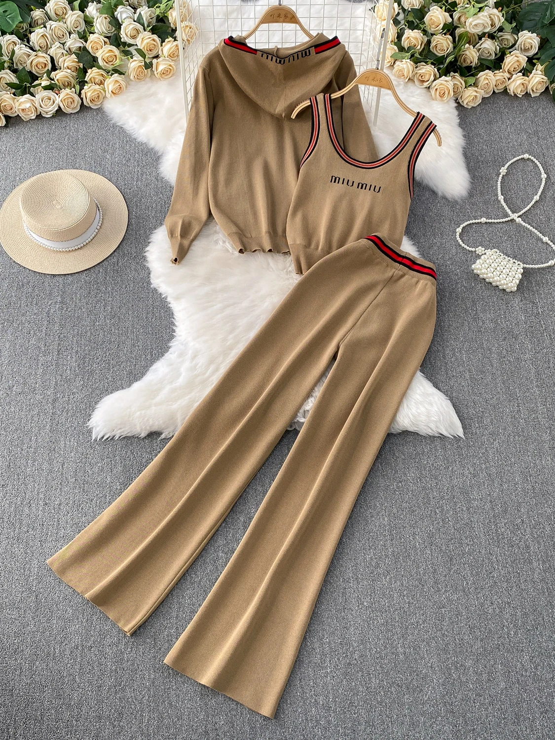 

Faionable Tee-Piece Women's Summer Casual Zipper Hooded Knitted Long Sve Jaet Color Blo Strap High Waist Wide Leg ...