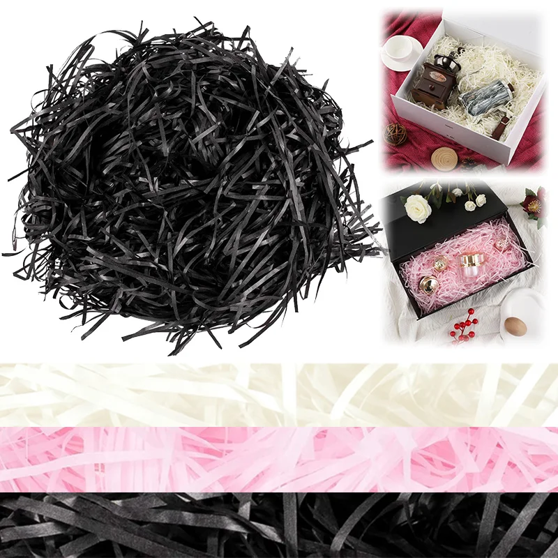 Papel de rafia de 20/40/60g, fragmentos y hebras de color rosa, blanco y negro, confeti arrugado triturado, embalaje de caja de regalo DIY y relleno de cesta TMZ