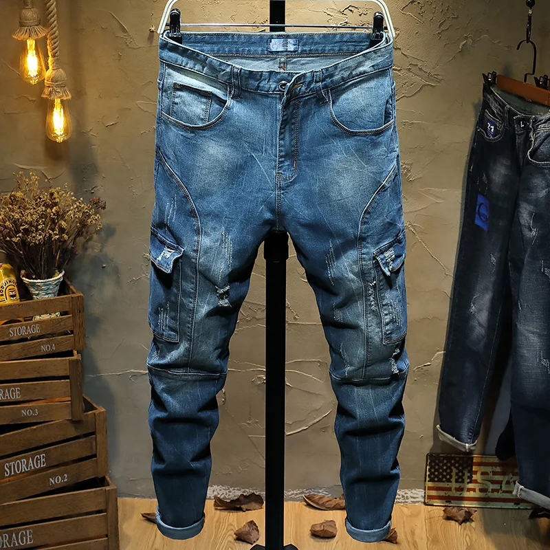 

Trendy Loose Multi-ket Workwear Jeans Men's Winter Slim Fit Denim Pants Cotton Mid-Waist Zipper Youthful ular Sle