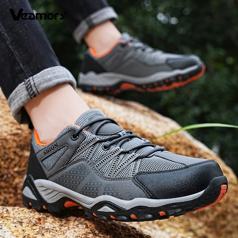 Men Anti-slip Hiking Shoes Mesh Casual Sports Shoes Male Breathable Outdoor Sneakers for Trekking Climbing Walking Elastic Sole