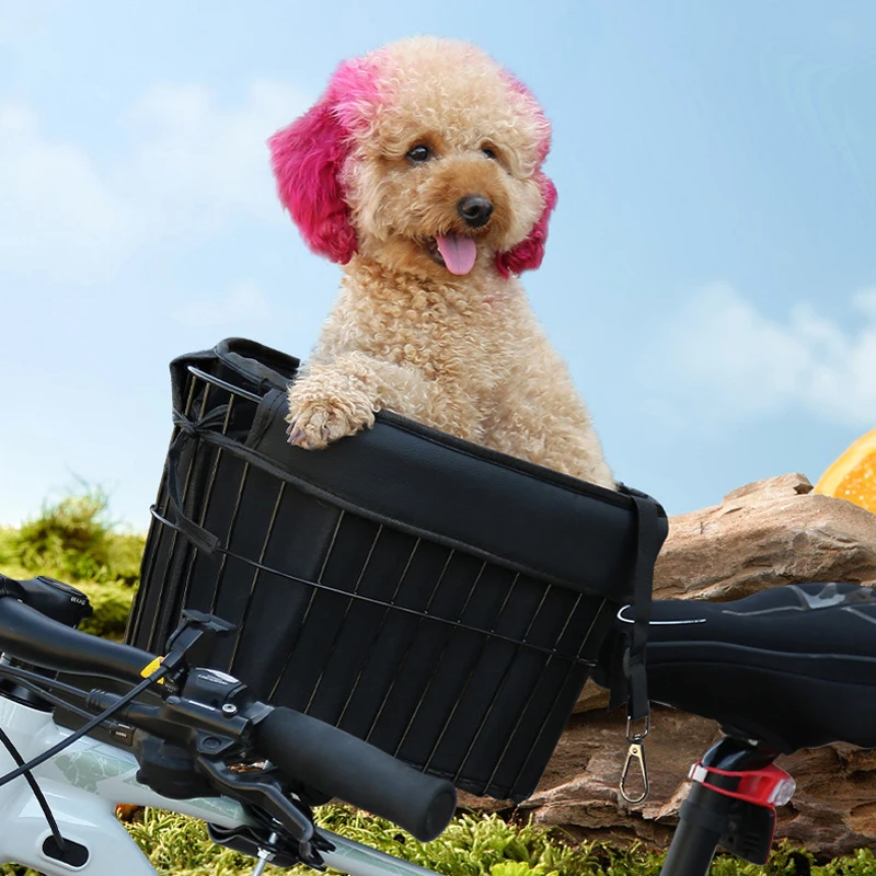 

Передняя корзина для велосипеда для собак и кошек — металлическое крепление, ремень безопасности и губчатая подкладка, переноска для домашних животных, аксессуар для велосипедной перекладины