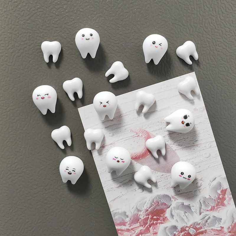 Aimant de réfrigérateur en résine d'expression de forme de dent blanche, mignon, décoration magnétique sur le thème de la santé dentaire, pour la maison et le bureau