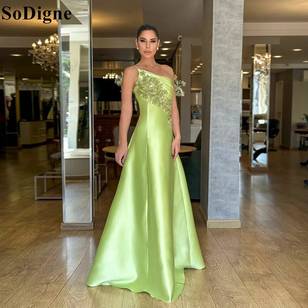 SoDigne-vestidos de noche de satén verde lima, apliques de encaje de un hombro, vestido de fiesta acampanado, vestidos formales para eventos y graduación personalizados 2024