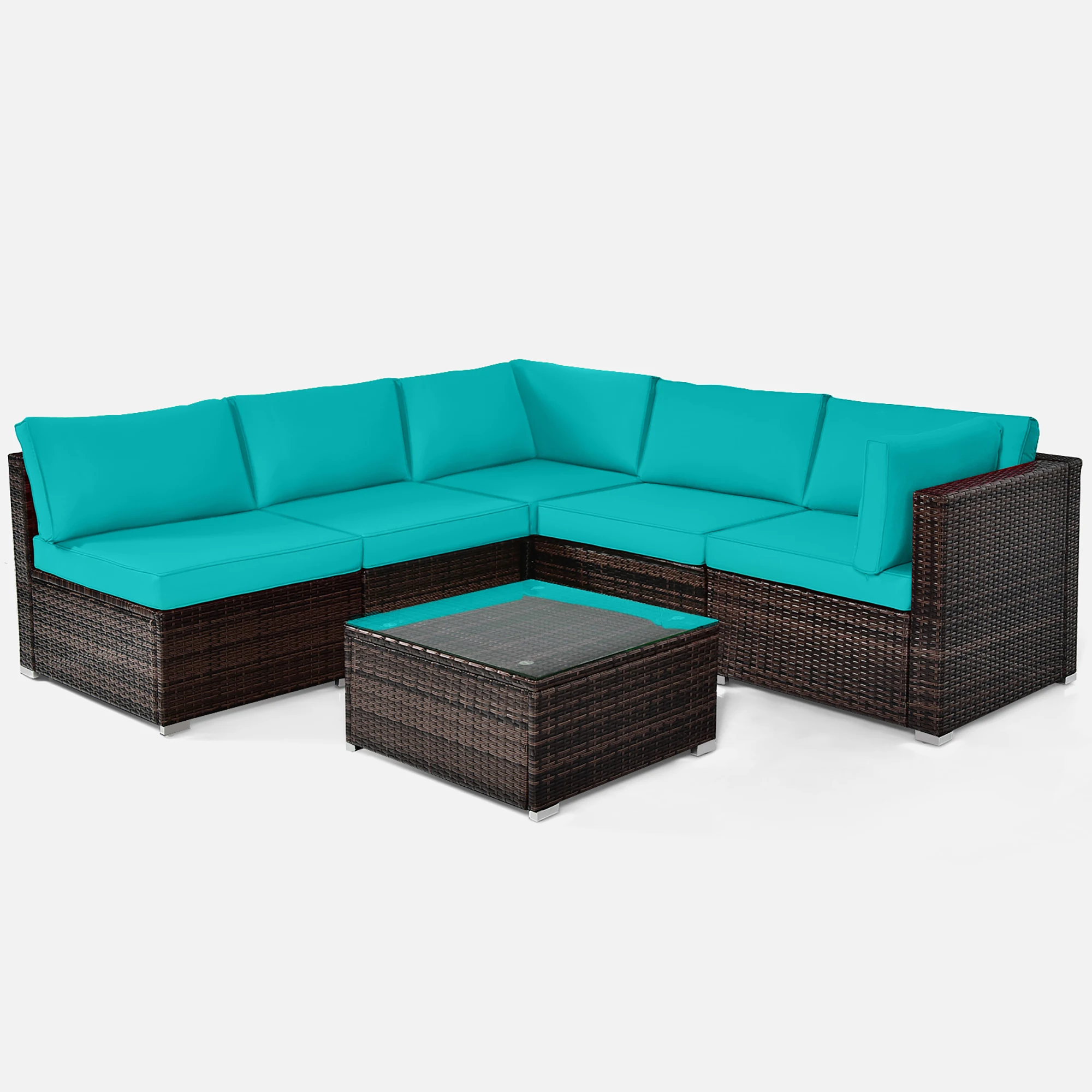 6PCS Patio Rattan Furniture Set Cushioned Sofa Coffee Table Turquoise