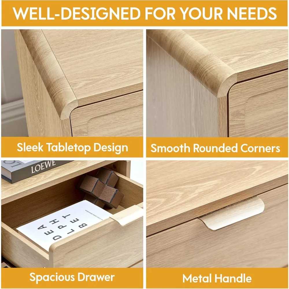 Par de mesitas de noche modernas de mediados de siglo con estación de carga, rincones curvos, mesitas de noche de madera para decoración elegante del hogar