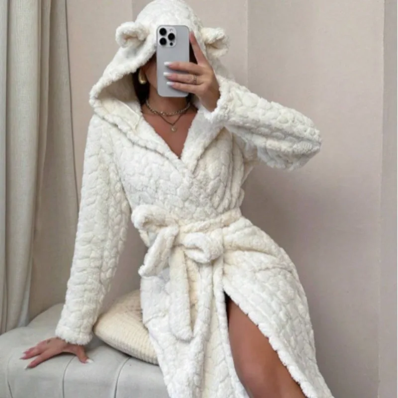 

Premium Women's Hooded Nightgown with Ears Plush Coral Fleece Bathrobe for Autumn Winter Solid Color XL Plus Size