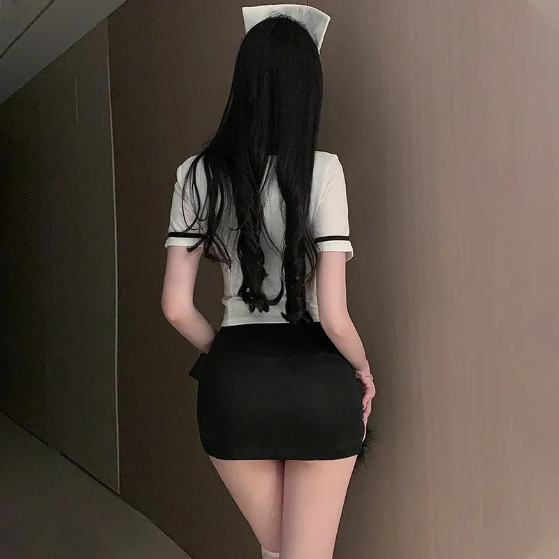 Seductive Nurse Cosplay Outfit, Black & White Split Skirt with Cross Detail, Elegant Intimate Nightwear for Halloween & Parties