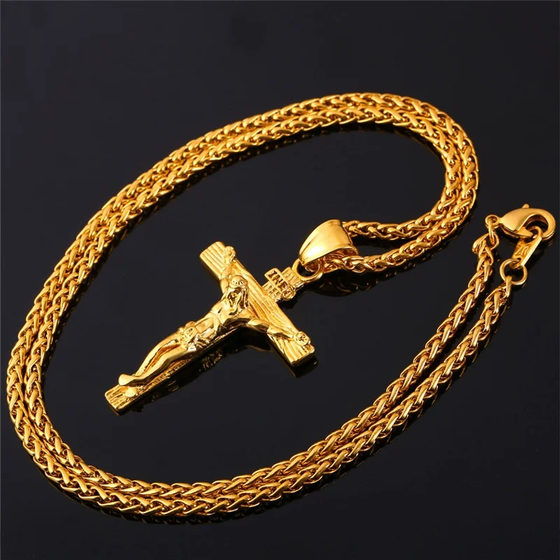 Jewelry for Men Christian Amulet Religious Jesus Cross Necklace Crucifix Pendant Handsome Men Stainless Steel Chain Jewelry