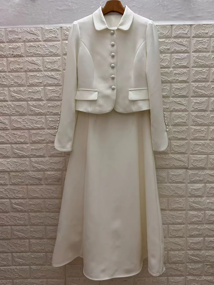 レトロな無地襟付きスリム長袖コートジャケット秋の新作ファッションツーピースハイウエストAラインスカートレディーススーツ