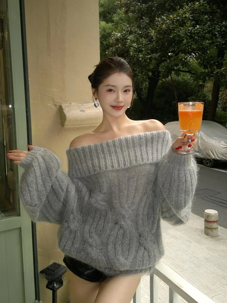 

ay Twist oulder Women's Sweater Loose Lazy Sle Bear Velvet Overhead Knitted irt Autumn High Faion Sensation One Wor...