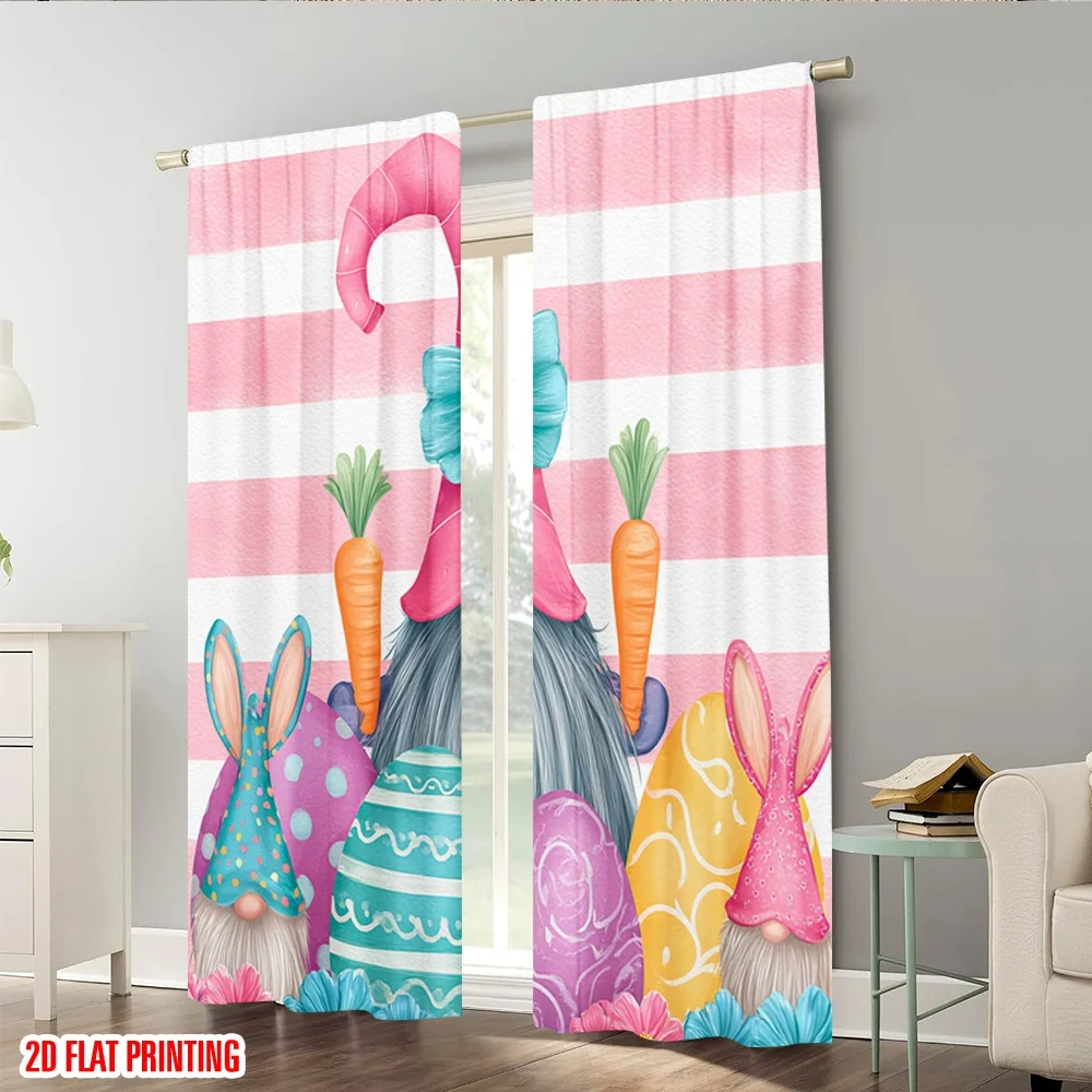 2 Stück 2D-Flachdruck-Szenenvorhang, Osterzwerg, Haseneier, Frühling, Polyester, ohne Strom, 0, perfekt für den Innenbereich