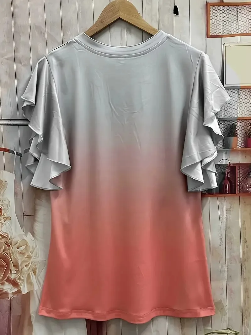 Plus Size 1XL-5XL Damska koszulka Ombre z dekoltem w szpic Damska koszulka z falbanką na lato Odzież damska w dużych rozmiarach