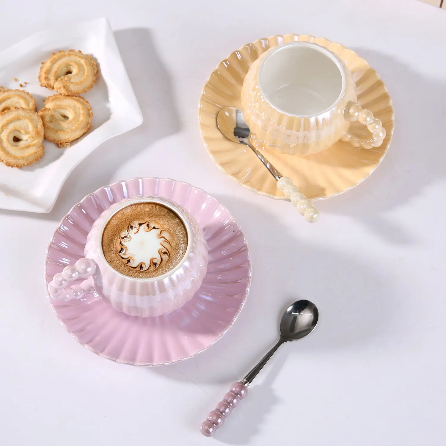 

Light Luxury Creative Ceramic Coffee Cup Saucer Set Ins Pearlescent Glaze Ceramic Afternoon Tea Cup Saucer Set Cup with Spoon