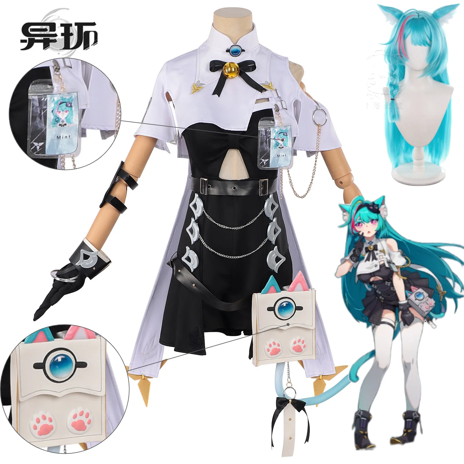 costume-de-cosplay-neverness-to-everness-mint-tenue-d'anime-pour-fille-gattou-utilisatrice-de-pouvoirs-ensemble-complet-d'accessoires-avec-gants-perruque-et-oreilles-de-chat