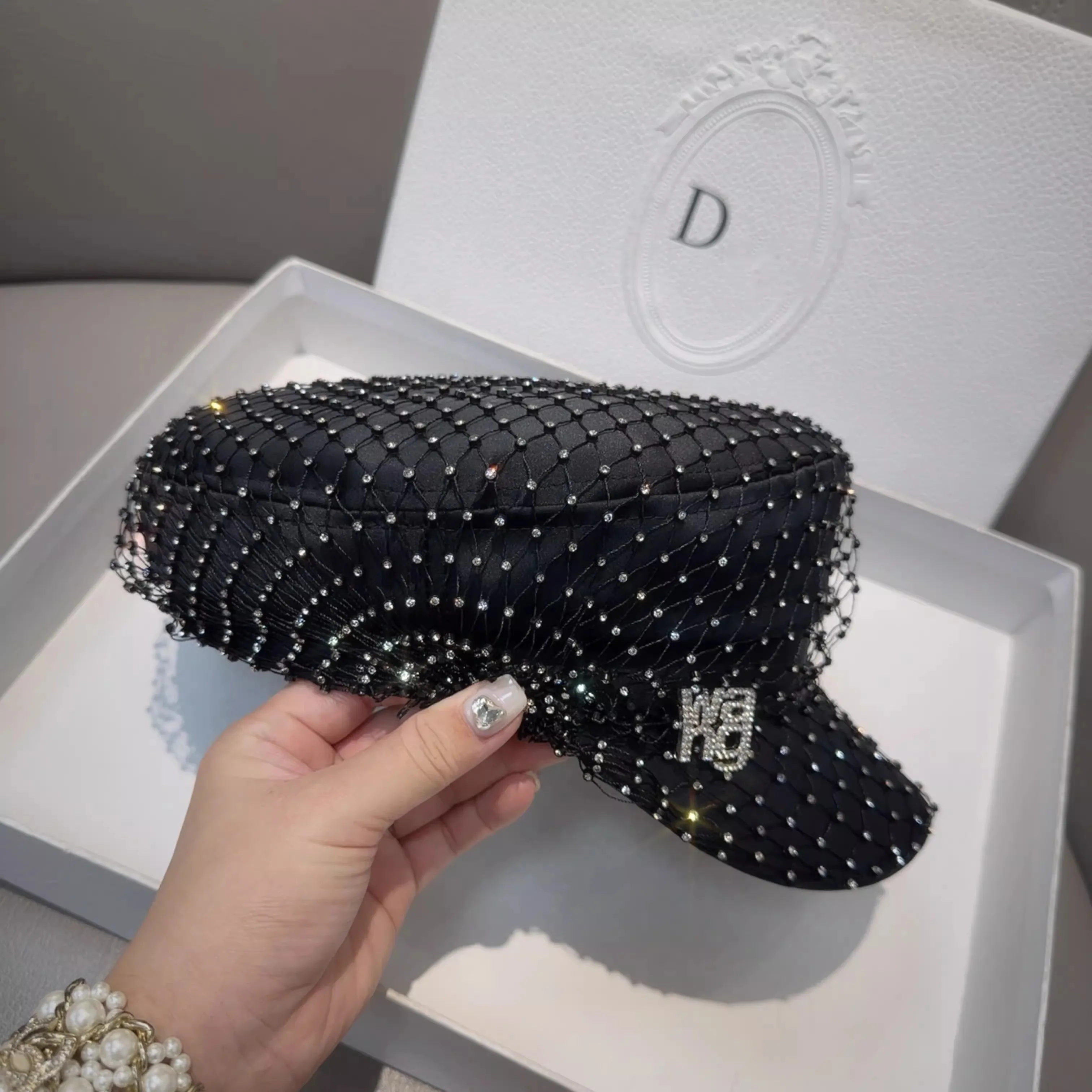 خمر رسائل حجر الراين فتاة موزع الصحف قبعة شبكة سوداء كامل الماس ديكور البحرية نمط الأزياء الفاخرة أنيقة قبعة مسطحة للحزب