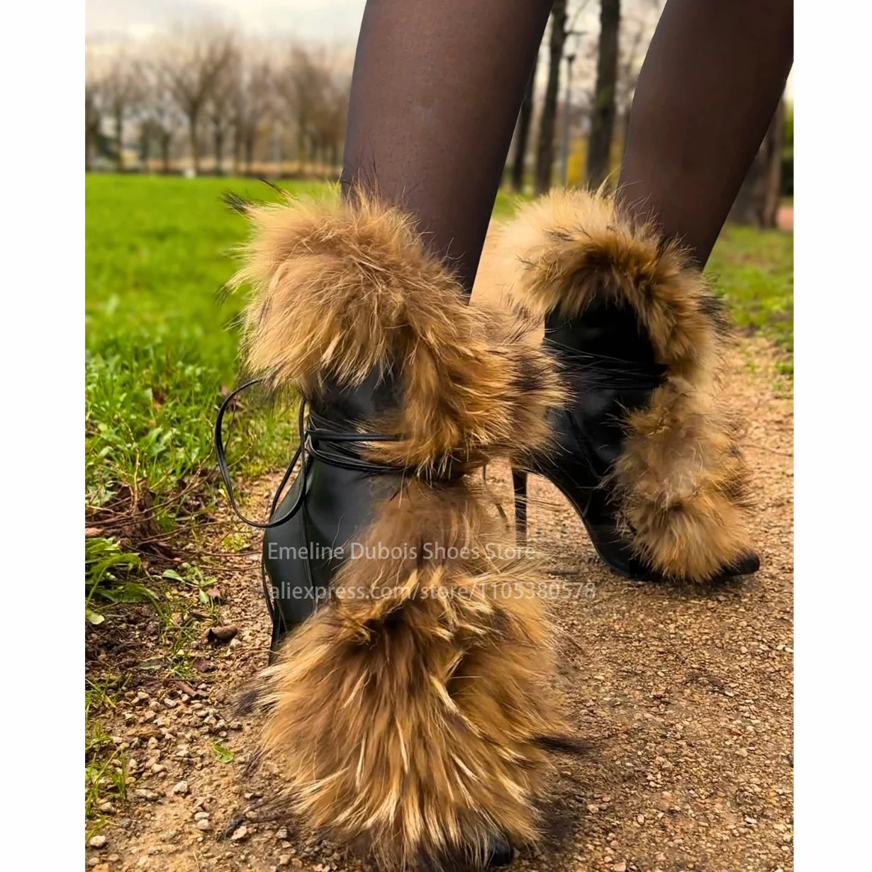 Faux Fur Pointed Toe Lace up Stiletto Heel Ankle Boots PU Leather Sexy High Heel Short Bootie Party Autumn Winter Custom Color