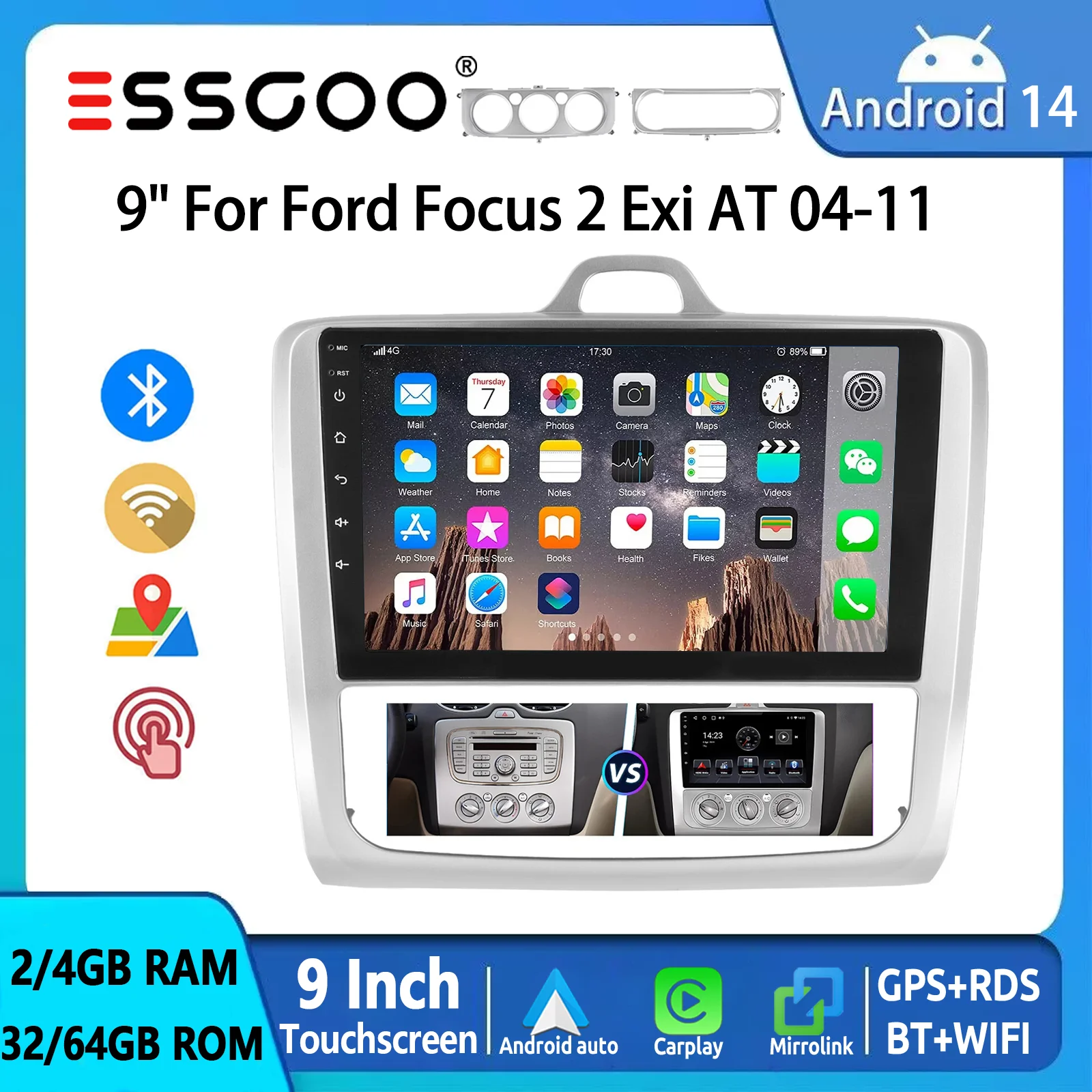 ESSGOO 9" Touchscreen Android 14 Für Ford Focus MK2 MK II 2004–2011 Autoradio Wireless CarPlay Android Auto GPS Navi WiFi BT SWC USB RDS Mirror Link Multimedia-Player