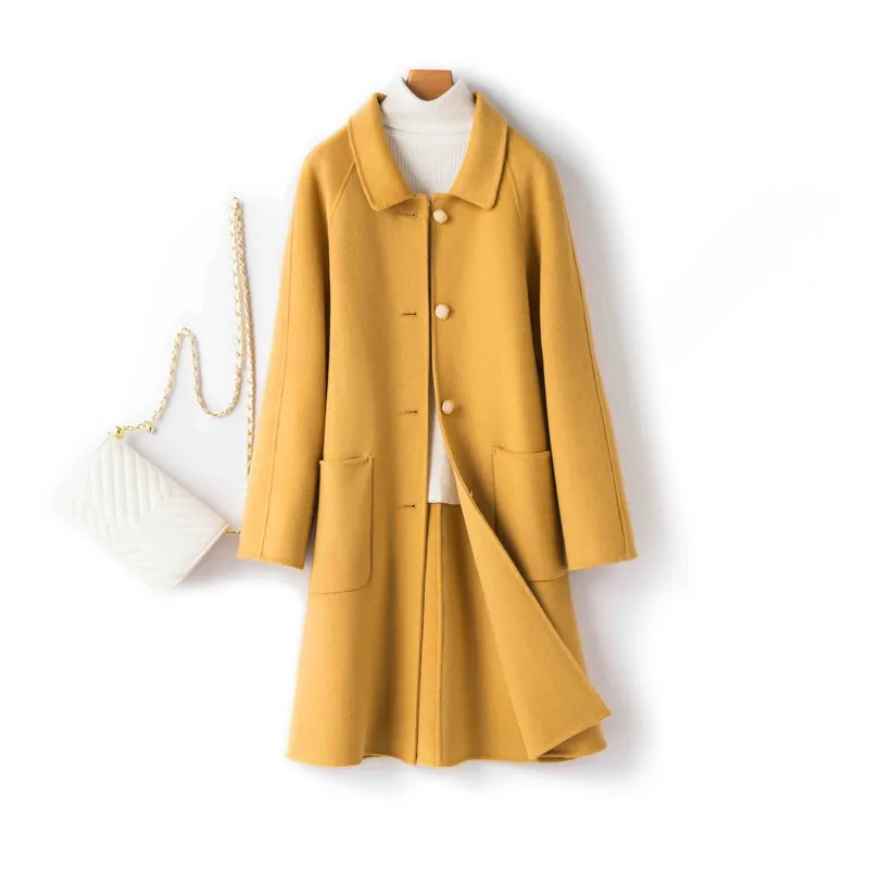 

Autumn Winter Slim Mid-long Double Sided Cashmere Wool Jacket Women Outwear Solid Color Big Pocket Office Lady Wool Coat Female