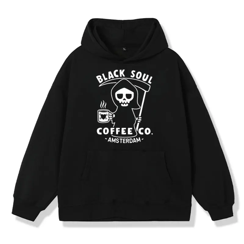 

Funny Coffee print hoodie Black Soul Coffee Cafe Grim Reaper Hip-hop sweatshirt Gothic Cool casual Long-sleeved hoody pullover