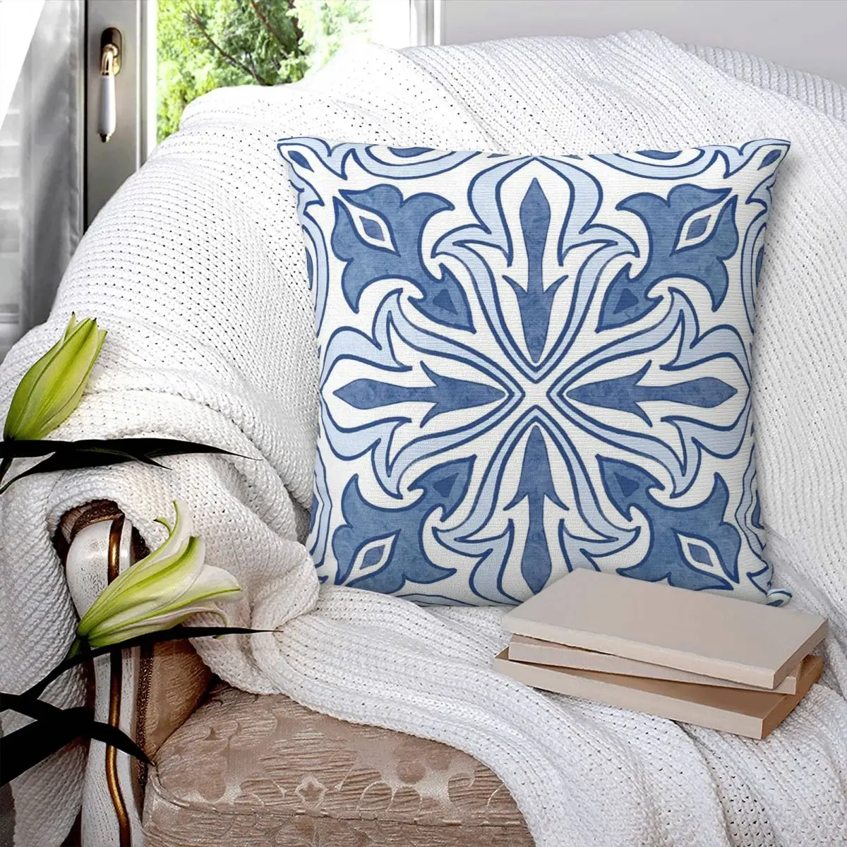 

Ornate Portuguese Tile Design - Blues Square Pillowcase Pillow Cover Polyester Cushion Comfort Throw Pillow for Home Car