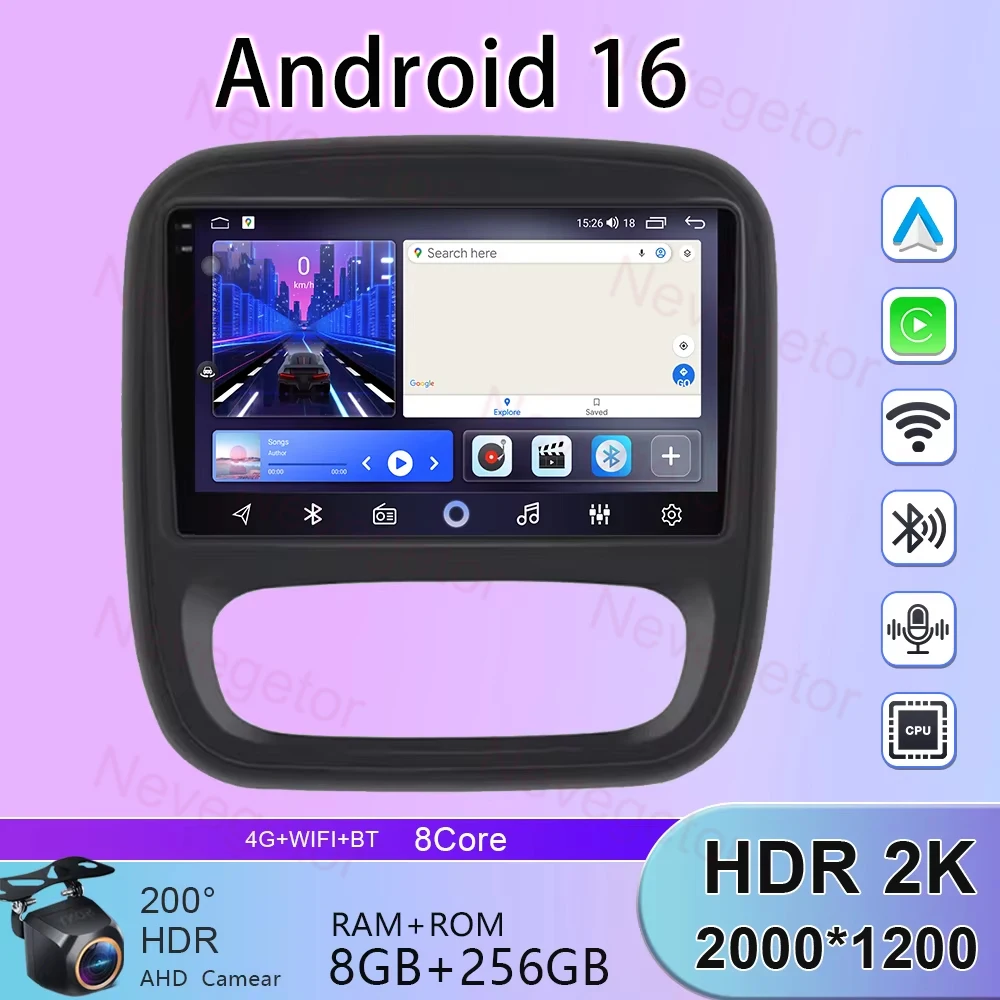 Car DVD Android 15 Radio Stereo For Renault Traffic 3 2014-2021 For Opel Vivaro B 2014-2018 Auto Multimedia Player Carplay QLED