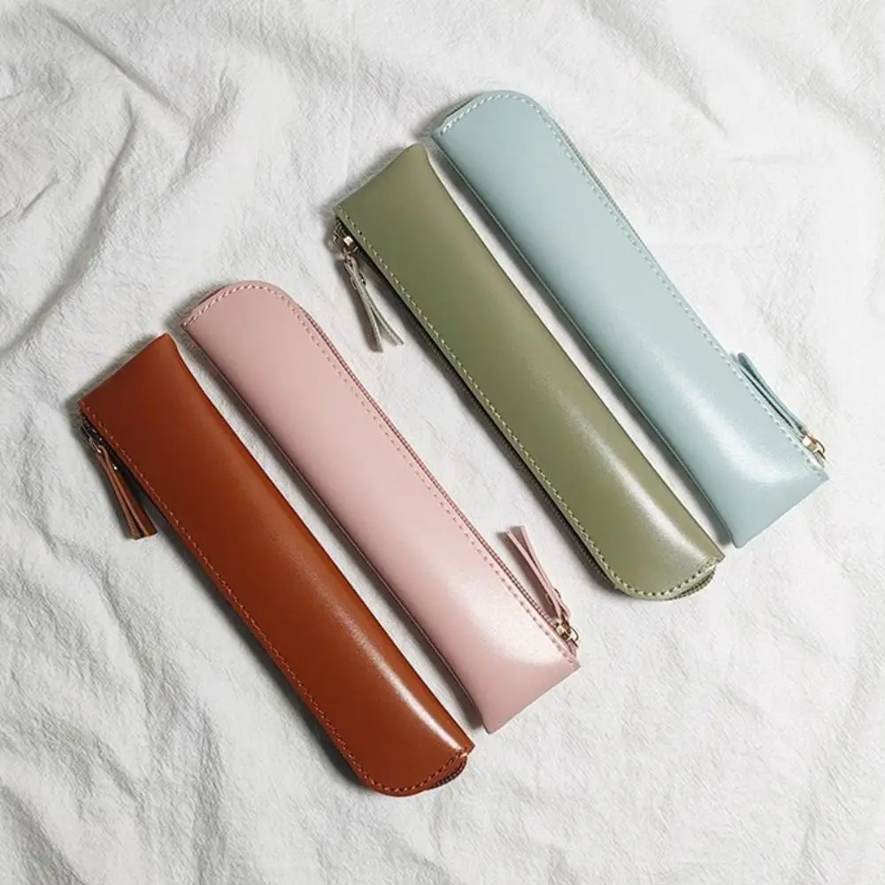 Vintage PU Thin Pencil Case Zipper Practical Pencil Bags Soft Student Stationery Pen Storage Bag for Kids School Supplies