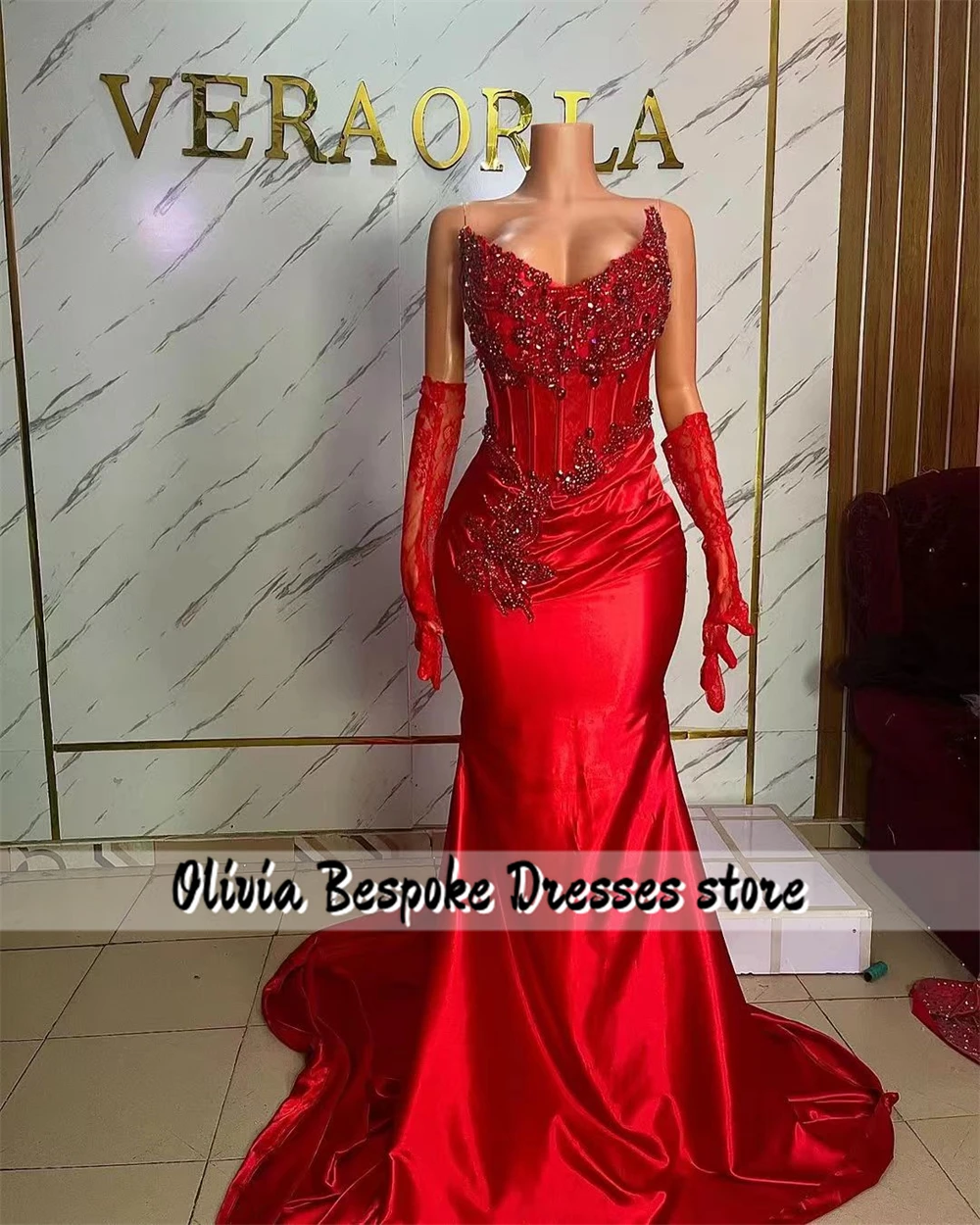 Fascinating Red Prom Dresses Beaded Rhinestones With Gloves Mermaid African Wedding Party Dress Black Girls Birthday Customized