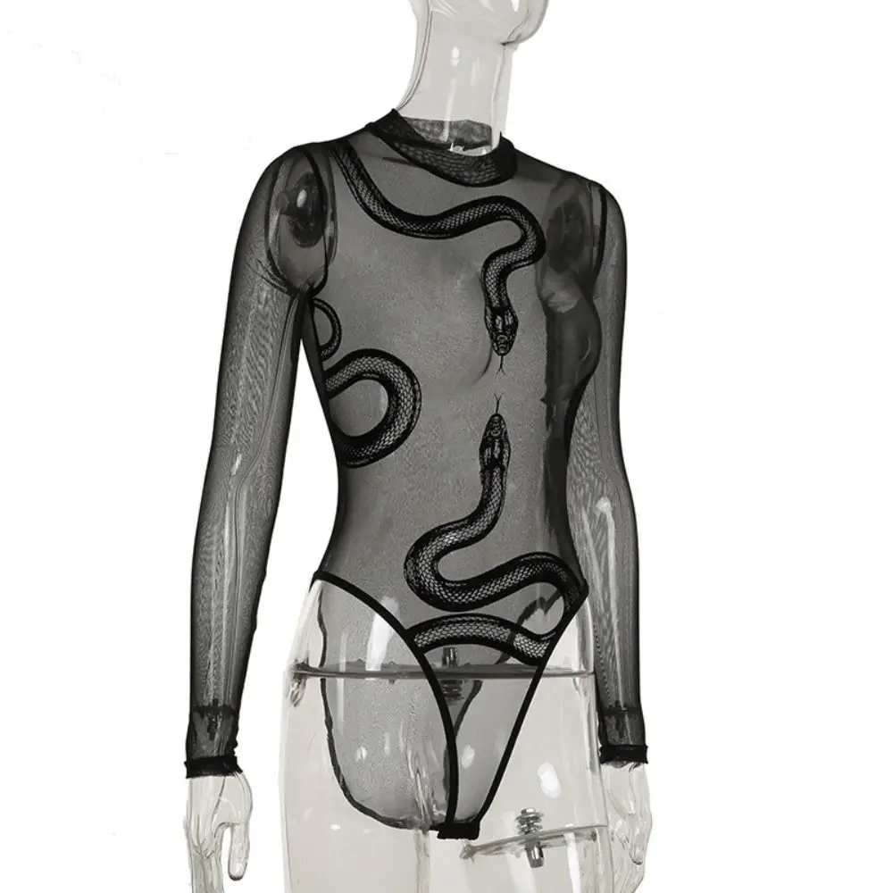 INS Snake Tuta in pizzo a maniche lunghe Intimo senza cuciture a vita alta per donna Body aderente a maniche lunghe trasparente da donna