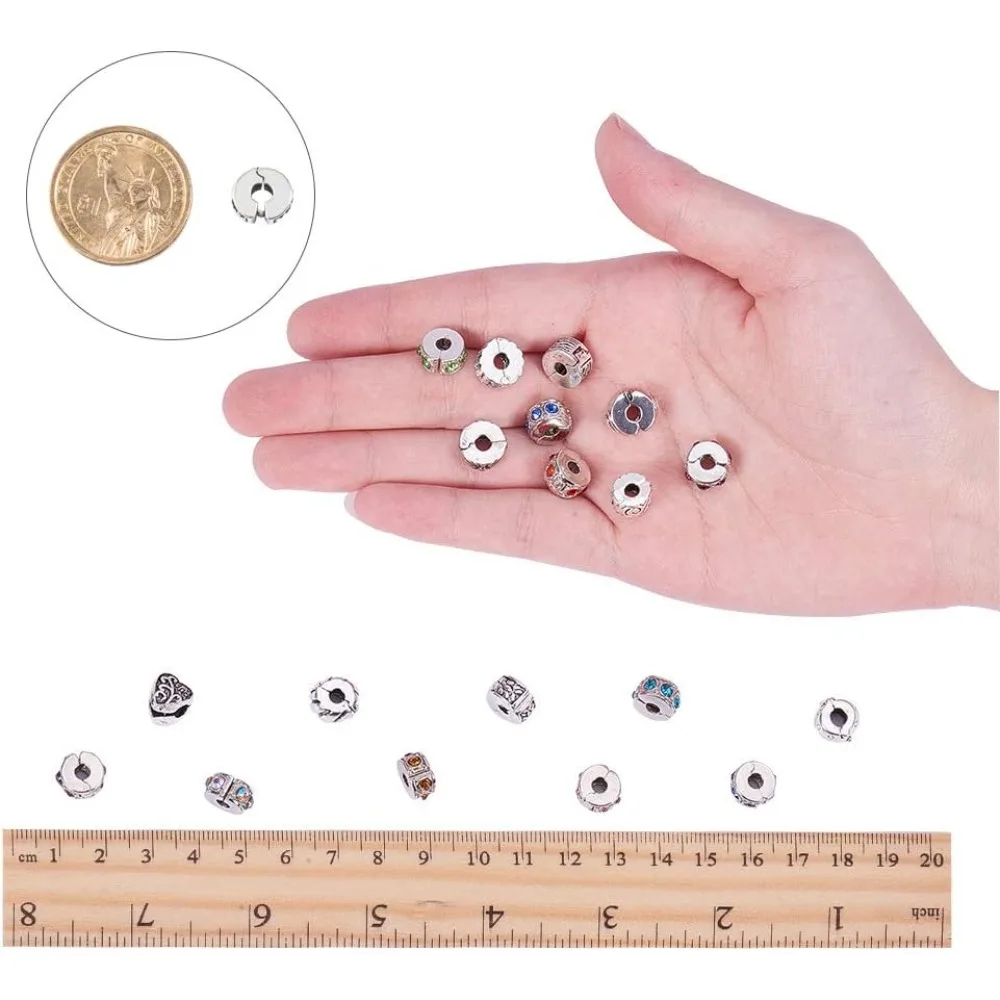 20 Pcs Clip Lock Bead Charms Large Hole Beads Clip on Beads with 20 Pcs Silicon Rubber Stopper O-Rings Fit European Style