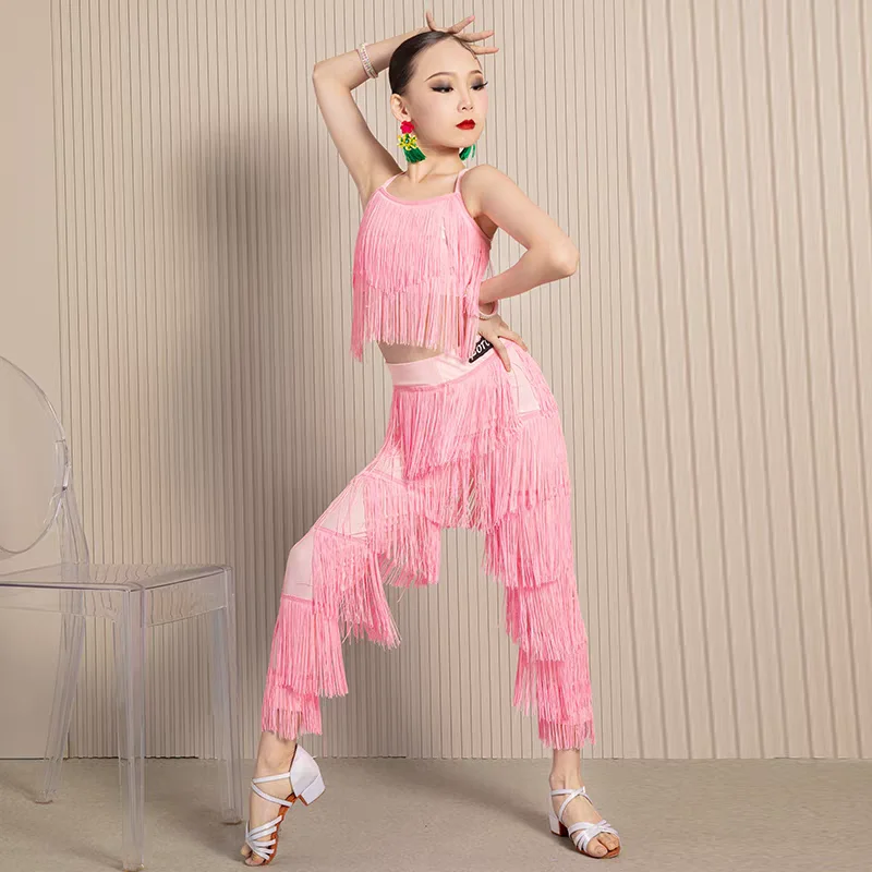 

Kids Latin Dance Costumes Ballroom Plus Size Fringe Tassel Dress Pants Girls Sequin Salsa Samba Children Stage Outfits Costume