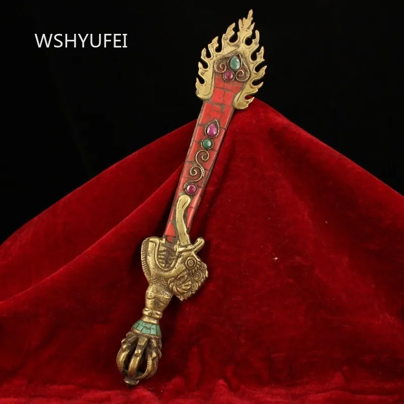 Copper Manjushri Wisdom Sword Inlaid Color Stone Tibetan Buddhist Ritual Vajra Handle Religious Altar Tool Ornament Crafts