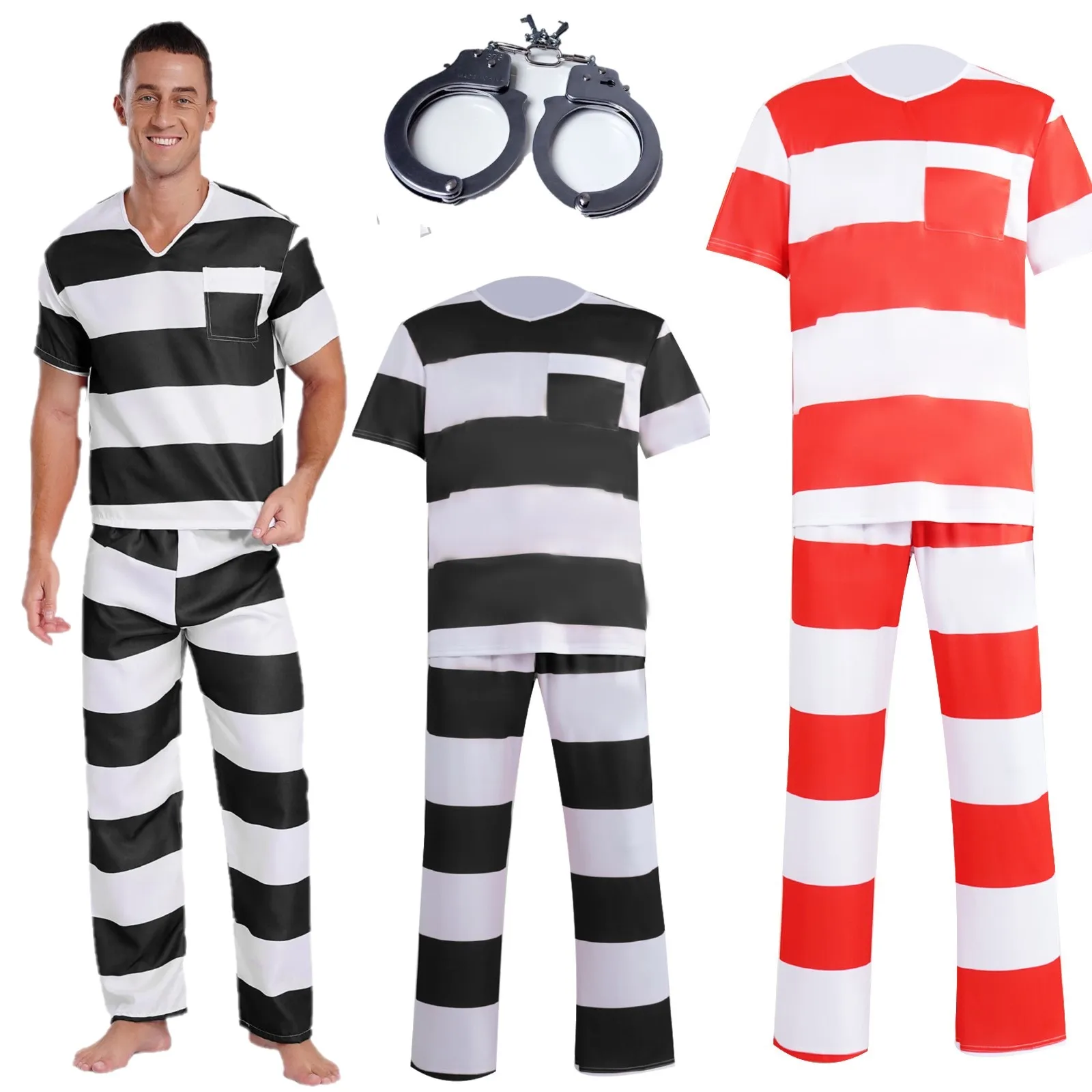 

Mens Prisoner Costume Uniform Halloween Guilty Prisoner Sets Striped Top Pants handcuffs Jail Party Cosplay Costumes for Adult