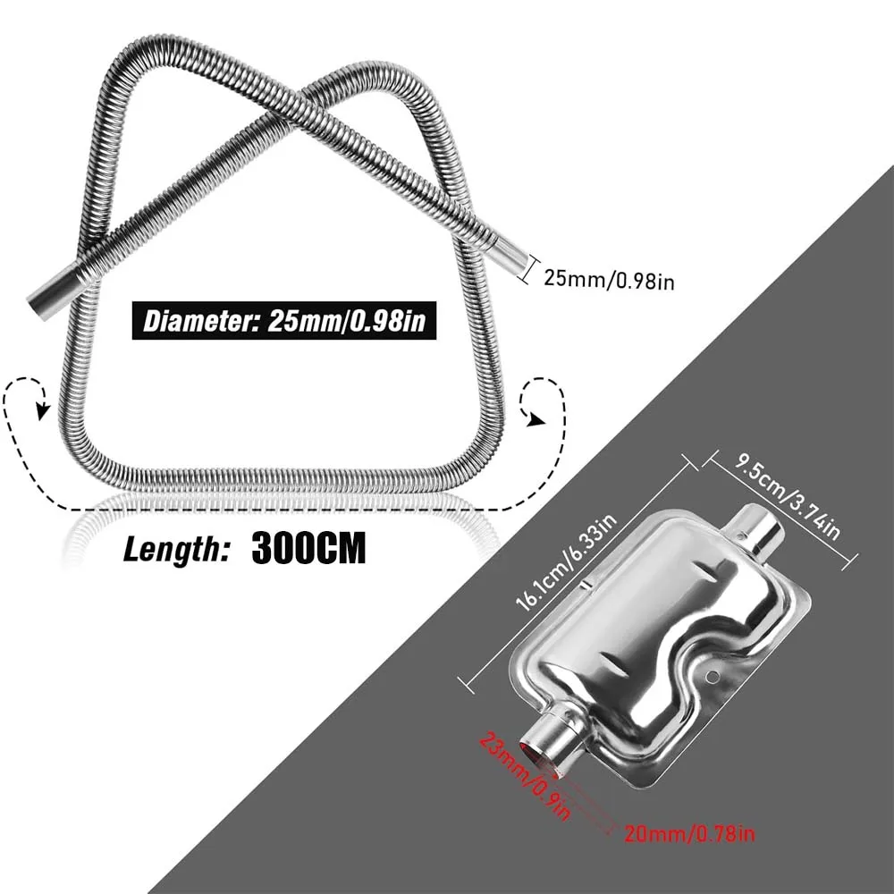 24mm Dieselheizungs-Auspuffrohr, 300cm Edelstahl-Auspuffrohre mit Schalldämpfer und Schlauchklemmen, flexibles Auto-Auspuffrohr – Detail 3