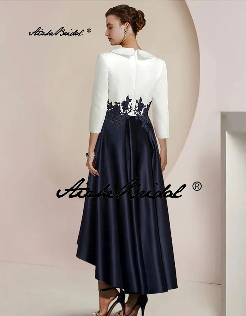 أبيض وأسود رقبة على شكل حرف V غير متماثل 3/4 طول كم مزين على شكل حرف a من الساتان فستان أم العروس