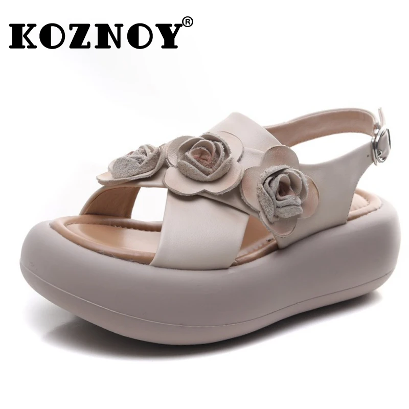 

Koznoy 6cm Cow Genuine Leather Buckle Hollow Mary Jane Sandals Platform Wedge Women Summer Flower Slippers Pumps Shoes Flats