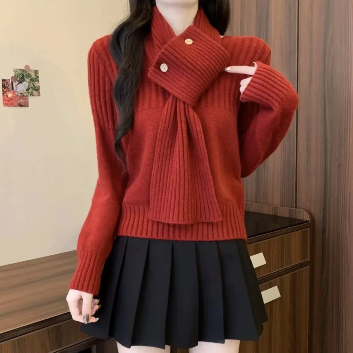 

Korean Style Solid Color Two-piece Sweater for Women's Autumn and Winter New Style with Scarf and Knitted Pullover