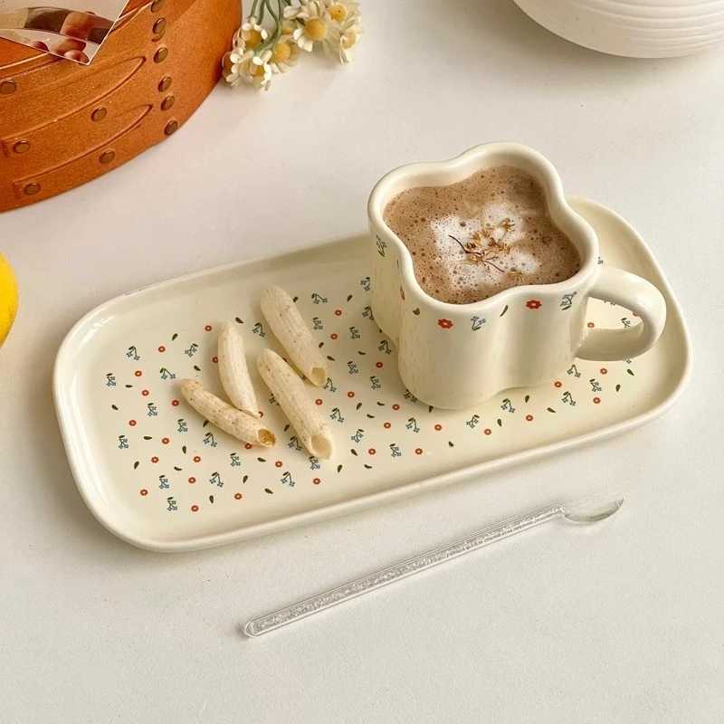 European Style Pretty Floral Print Cups Ceramic Mugs Coffee Cups Design Sense Niche Afternoon Tea Utensils Coffee Cup Plate Set