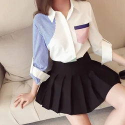 Zakken Patchwork Gestreepte Vrouwen Kleding Fashion Casual Office Lady Losse Knop Asymmetrische Turn-Down Kraag Blouses Eenvoudige