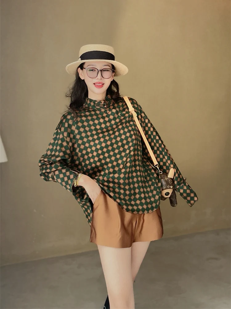 

Retro Silk Women's Loose irt Red Cloud Silk Tang Suit Stand Collar Button up Long Sve Traditional Chinese Sle