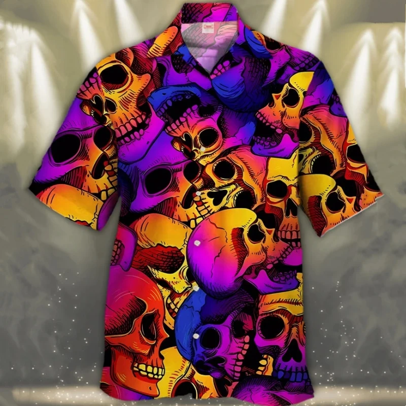 Camisa con estampado de calavera para hombre, camisa Retro informal con cuello cubano, ropa informal de playa, camisas hawaianas de manga corta de gran tamaño