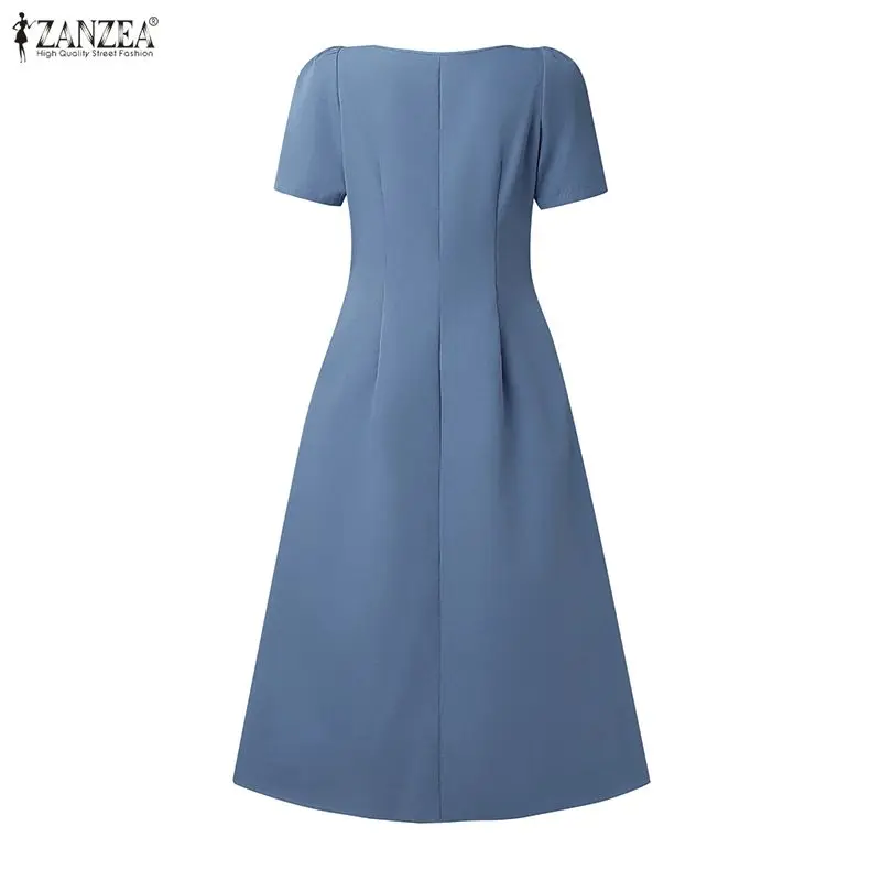 Eleganckie sukienki biurowe ZANZEA damskie 2026 letnia sukienka z nieregularnym dekoltem, krótkim rękawem, midi, jednolita, z podkreśloną talią, sukienka na imprezę, letnia sukienka